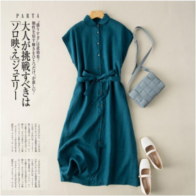 

Летнее новое литературное и свободное однотонное хлопково-льняное платье с лацканами без рукавов женское с завышенной талией средней длины M чернил синий