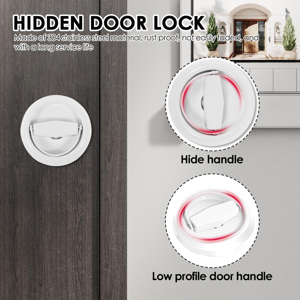 New Round Recessed Door Lock Keyless Stainless Steel Rustproof Hidden Cabinet Door Handle Lock for Bathroom Living Room Bedroom
