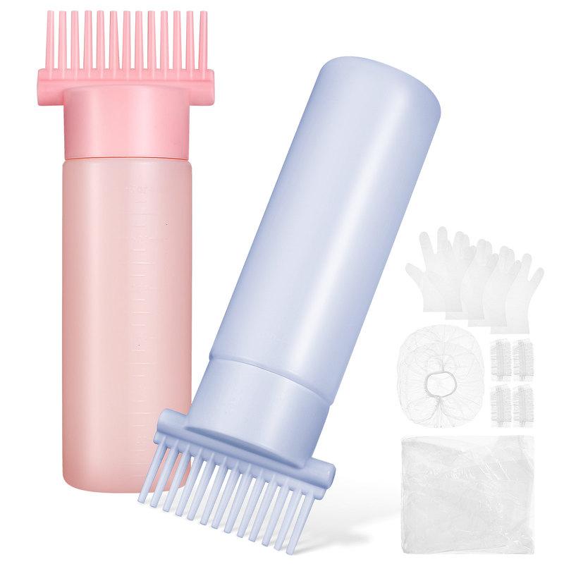2Pcs Root Comb Applicator Bottle Hair Comb Bottle Dyeing Tool with Gloves Ear Covers Hair Oiling Applicator for Home Salon Use