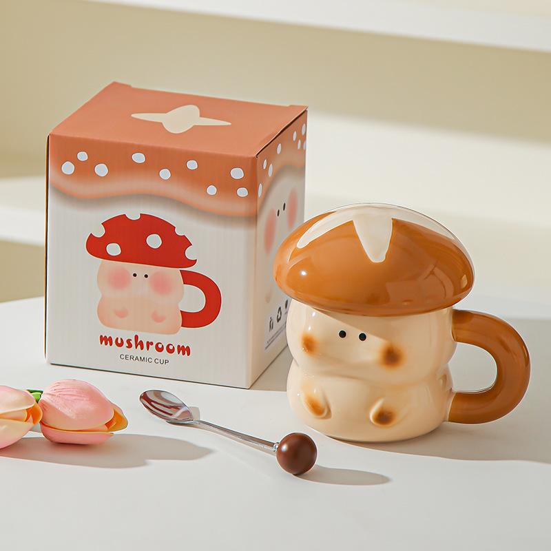Girl's heart cartoon cute mushroom ceramic cup with lid souvenir high value creative ceramic mug coffee cup