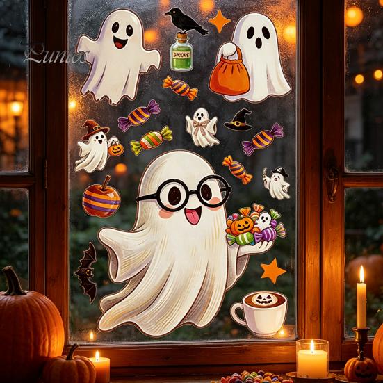 Home Window Ornaments Halloween Static Clings, Glass Stickers with Ghost Cat Bat Removable Holiday Decorations Patterns, Reusable Decals for