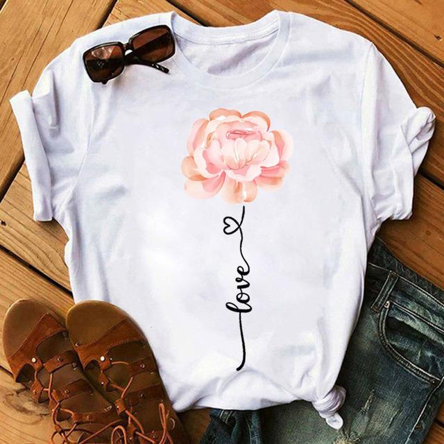 New Fashion Women Black T Shirt Friends Gift Flower Love Print Cute Tee Shirt Female Harajuku Tops Woman Short Sleeve T -Shirts