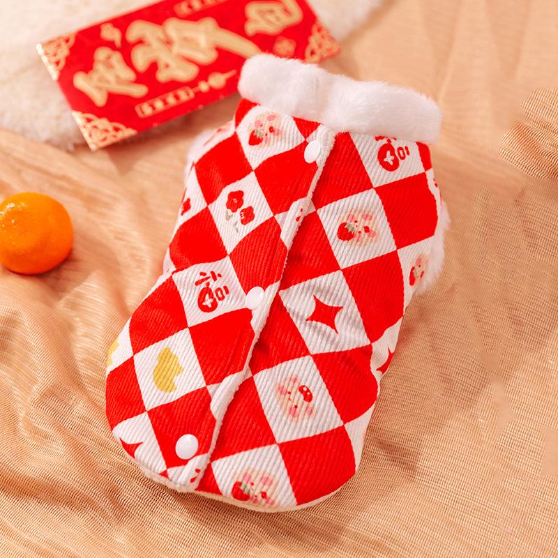 New Year's Cat Clothes Rhombus Printing Imitation Rabbit Fur Puppet Blue Cat Warm Two-legged Vest Festive New Year Pet Clothing