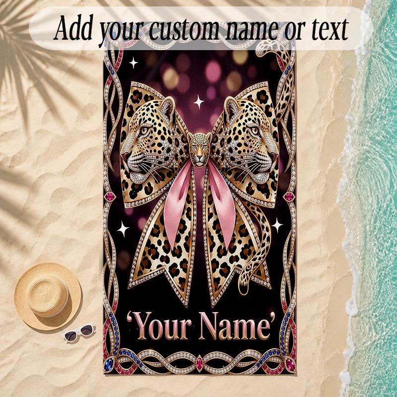 Leopard Theme Soft Beach Towel Personalized Custom Name Text Towel Portable for Beach Pool Travel