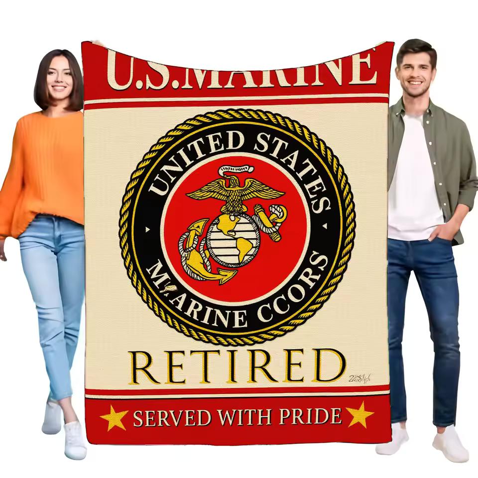 US Marine Corps Blanket Cream Background with Red and Black Accents Retired Design Large Soft Warm Throw for Military Veterans G