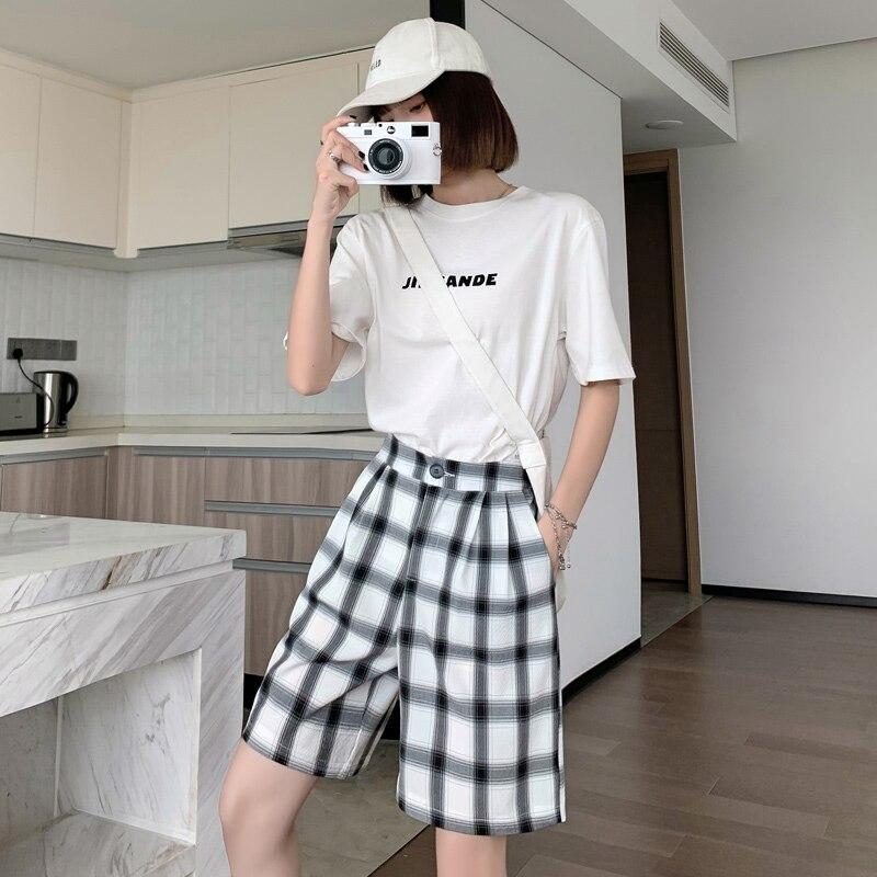 FGHJ New Spring Summer Plaid Wide Leg Shorts for Women 2021 Casual Chic High Waist Loose High Street Style Female Suits Shorts New
