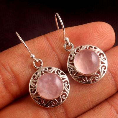 Natural Rose Quartz Gemstone Women Dangle Earring 925 Sterling Silver Handmade Jewelry