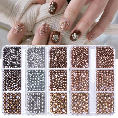 6 Grid Abs Highlight Pearl Set Maillard Coffee Color Nail Art Pearl Full Round Trinket Mixed