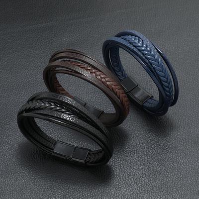 Men's Multi-Layer Leather Bracelet - European & American Retro Style, Hand-Woven with Magnetic Buckle