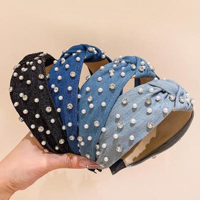 Moda Larga Azul Denim Nó Cruzado Faixa de Cabelo Mulheres Pessoal Pérola Strass Faixa de Cabelo Vintage Aro de Cabelo Luneta Acessórios de Cabelo