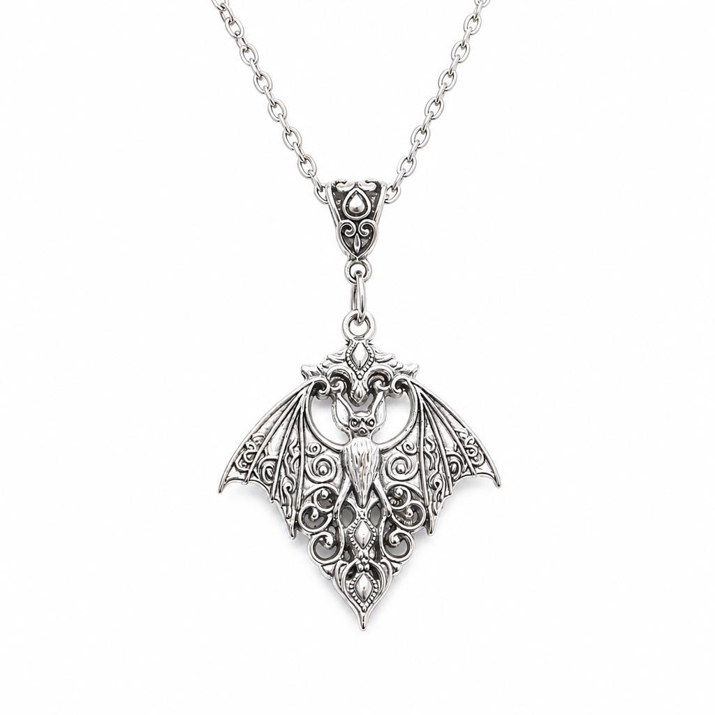 Vintage Gothic Fledermaus Anhänger Halskette mit Retro geschnitztem Design und gealterter Schlüsselbein Kette