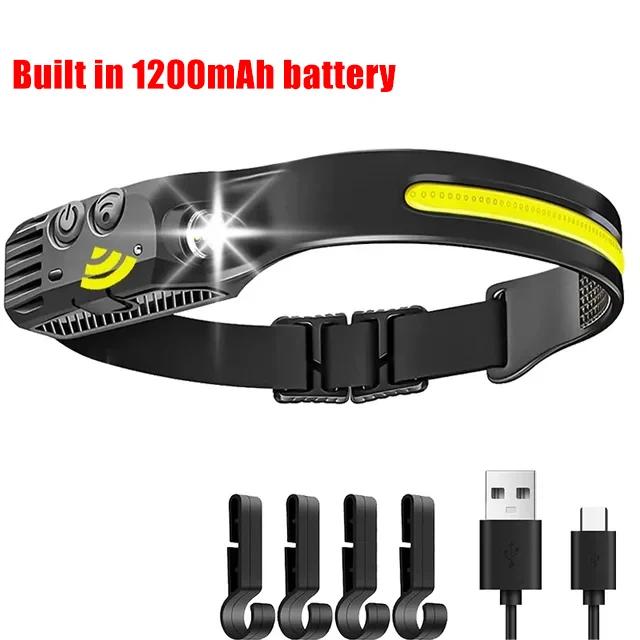 Induction Headlamp COB+LED Head Flashlight Built In Battery USB Rechargeable Outdoor Waterproof Camping Fishing Work Lantern