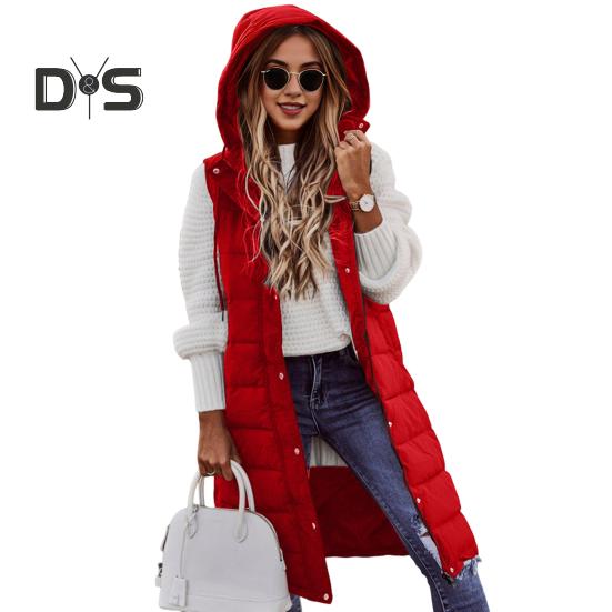 

Женский зимний жилет, пальто с капюшоном, однотонный, на молнии, без рукавов, с подкладкой, толстый, средней длины, ветрозащитный, теплый, женский жилет XXL красный