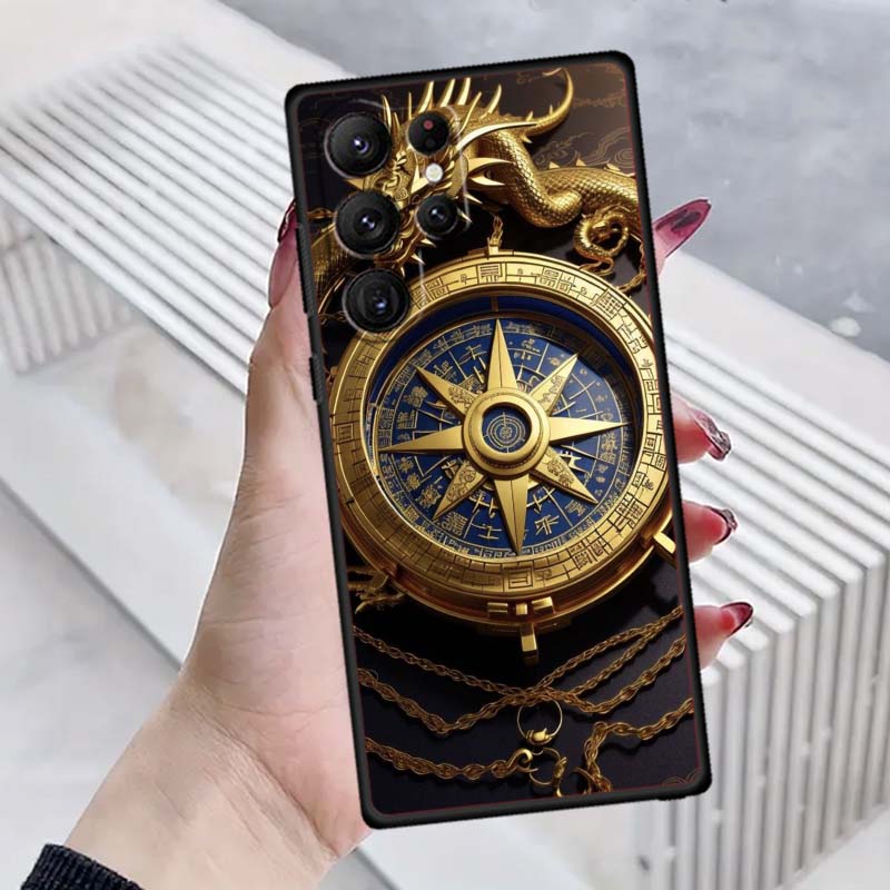 Vintage compass illustration For Samsung Galaxy S26 S25 S24 S23 S22 S21 S20 Ultra Plus FE 5G Black Soft TPU Phone Case