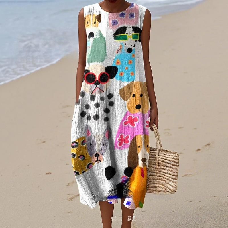 European and American New Summer Flower Ocean Printing European Size Round Neck Sleeveless Long Dress Creative Loose Dress
