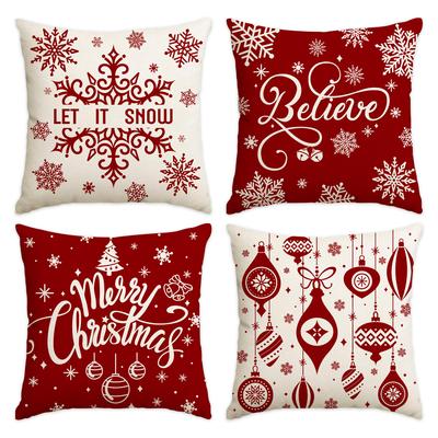 1/4 Pcs Red Christmas Pillowcase Snowflake Christmas Ball Pendant Pattern Cushion Cover Winter Holiday Home Decoration