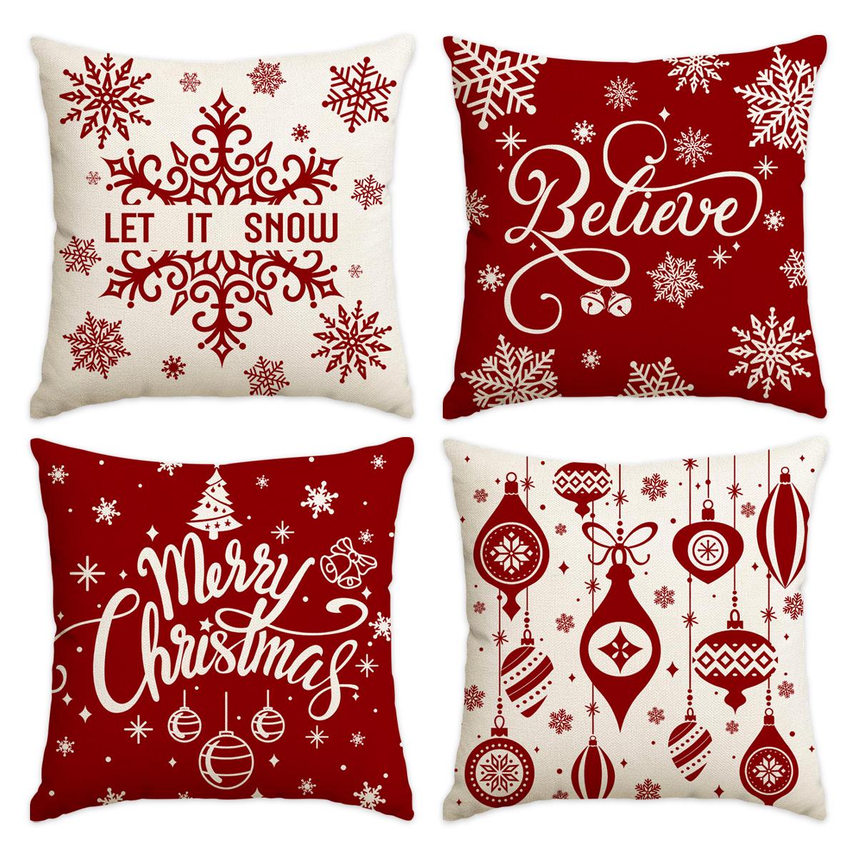 

1/4pcs Christmas pillow cover, red snowflake letter printed cushion cover, Christmas decorative pillowcase (without pillow core) 18x18Inch