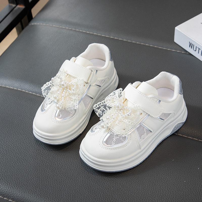 Girls' Sports Shoes Children's Breathable Mesh Board Shoes 2025 New Pearl Bow Casual Shoes Girls' White Shoes