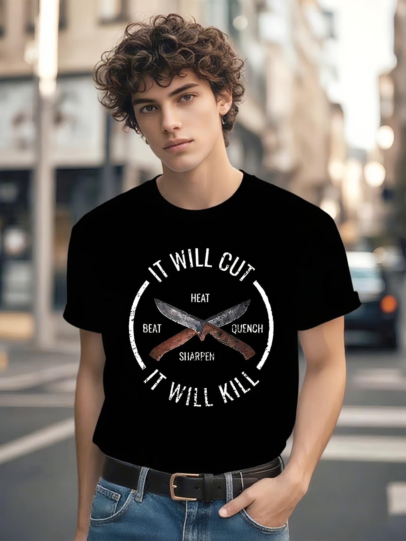 Casual T-shirt with Fire Forged Knife & Blacksmith Graphic Print - It Will Cut It Will Kill Slogan L