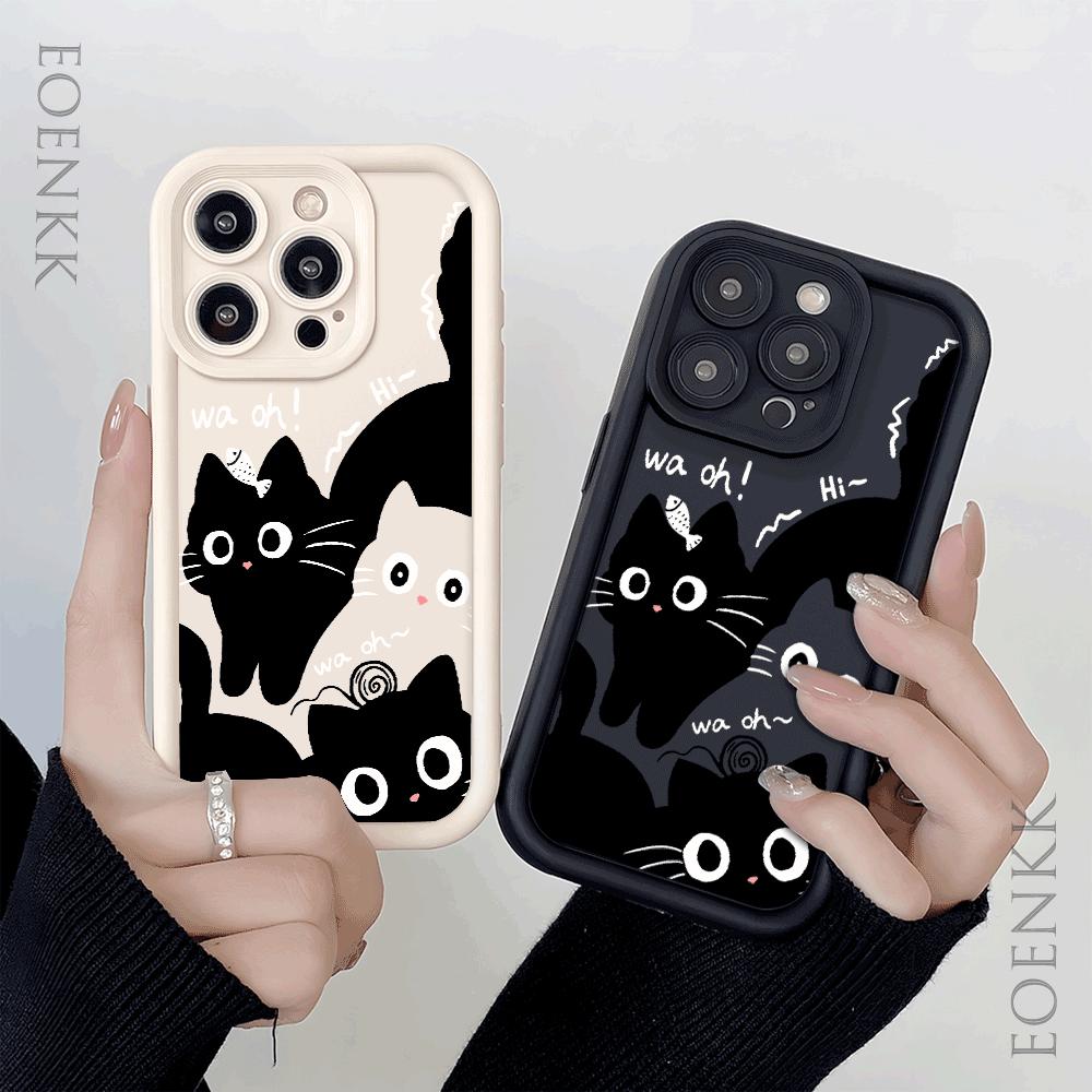 Cute black And White Cat Silicone Phone Case For iphone 16 15 14 13 12 11 Pro Max Shockproof Soft Shell Cover