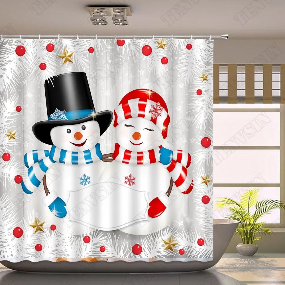Christmas Shower Curtain Sets Vintage Red Truck Xmas Ball Pine Tree Snowman Winter New Year Gift Bathroom Decor Bath Curtains