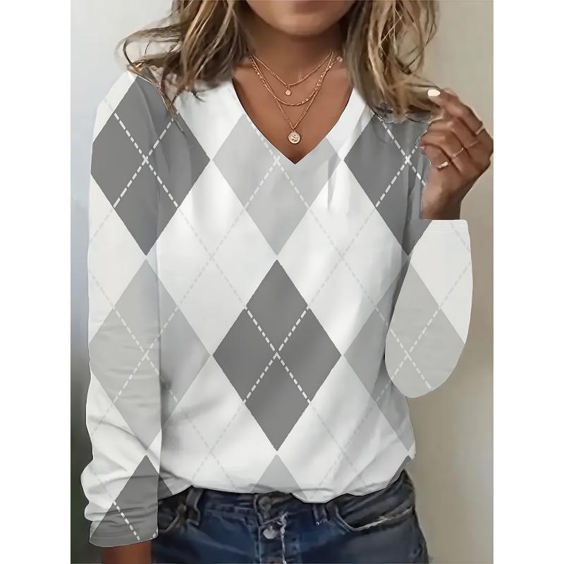 Autumn Women's 3D Rhombus Geometric Printing V-Neck Long Sleeve