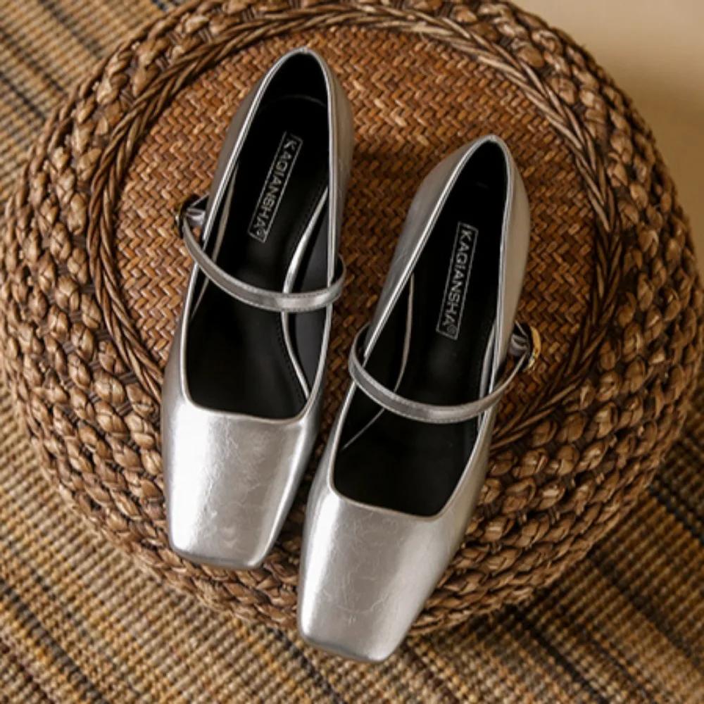 Fashion Mary Jane Leather Shoes Spring and Autumn New French Square Toe High Heels Retro One-piece Belt Shallow Mouth Single Shoes Women