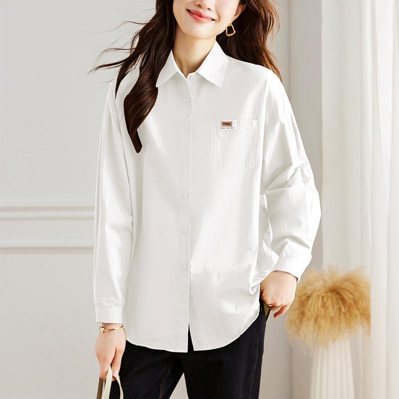 Pink Shirt for Women Long-sleeved Spring Clothes New Basic Simple Top Pure Cotton Commuting Shirt