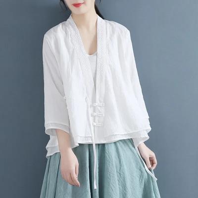 Women's Tang Suit Chinese Style Summer Disc Button Embroidered Shirt Three-quarter Sleeve Solid Color Stitching Blouse Women Ethnic Style