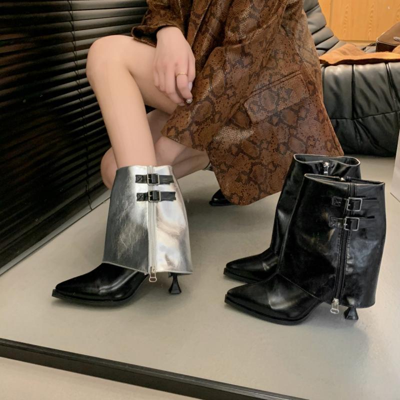 Metal Buckle Mix Color Ankle Boots Women 2025 Autumn Sexy Pointed Toe Medium Heel Modern Boots Y2K Silver Designer Shoes