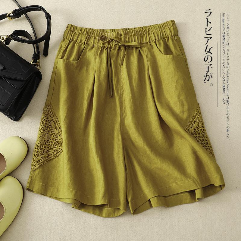 

Реальное фото летние новые хлопковые и льняные повседневные брюки женские кружевные вставки широкие брюки большого размера тонкие шорты 3XL жёлтый