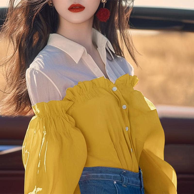 

VONDA Женская мода контрастного цвета пэчворк рубашки с длинным рукавом XL жёлтый