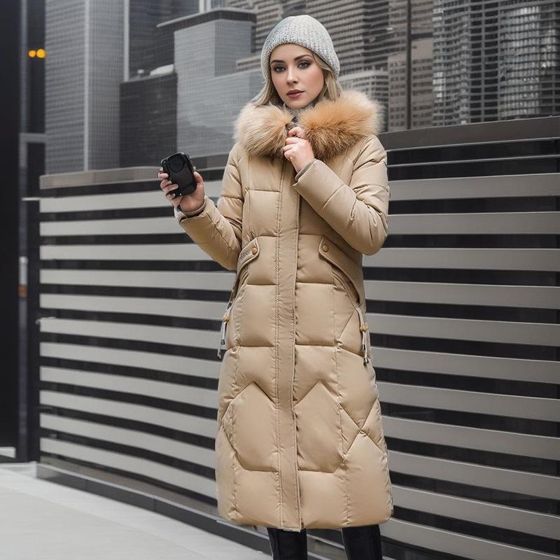 Damen Baumwollmantel mittlerer Länge, Wintermode, Slim Fit, Knielanger Baumwollmantel, Großer Pelzkragen, Verdickte Baumwolljacke, Trendig