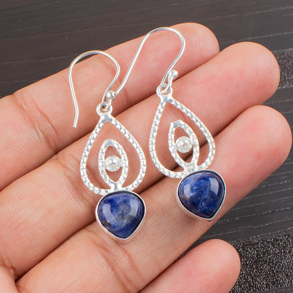 Natural Sodalite Gemstone 925 Sterling Silver Handmade Drop/Dangle Earrings2.00" EE-32-23