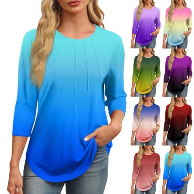 Moda feminina gola redonda manga 3/4 estampada casual básica plissado pulôver camiseta top