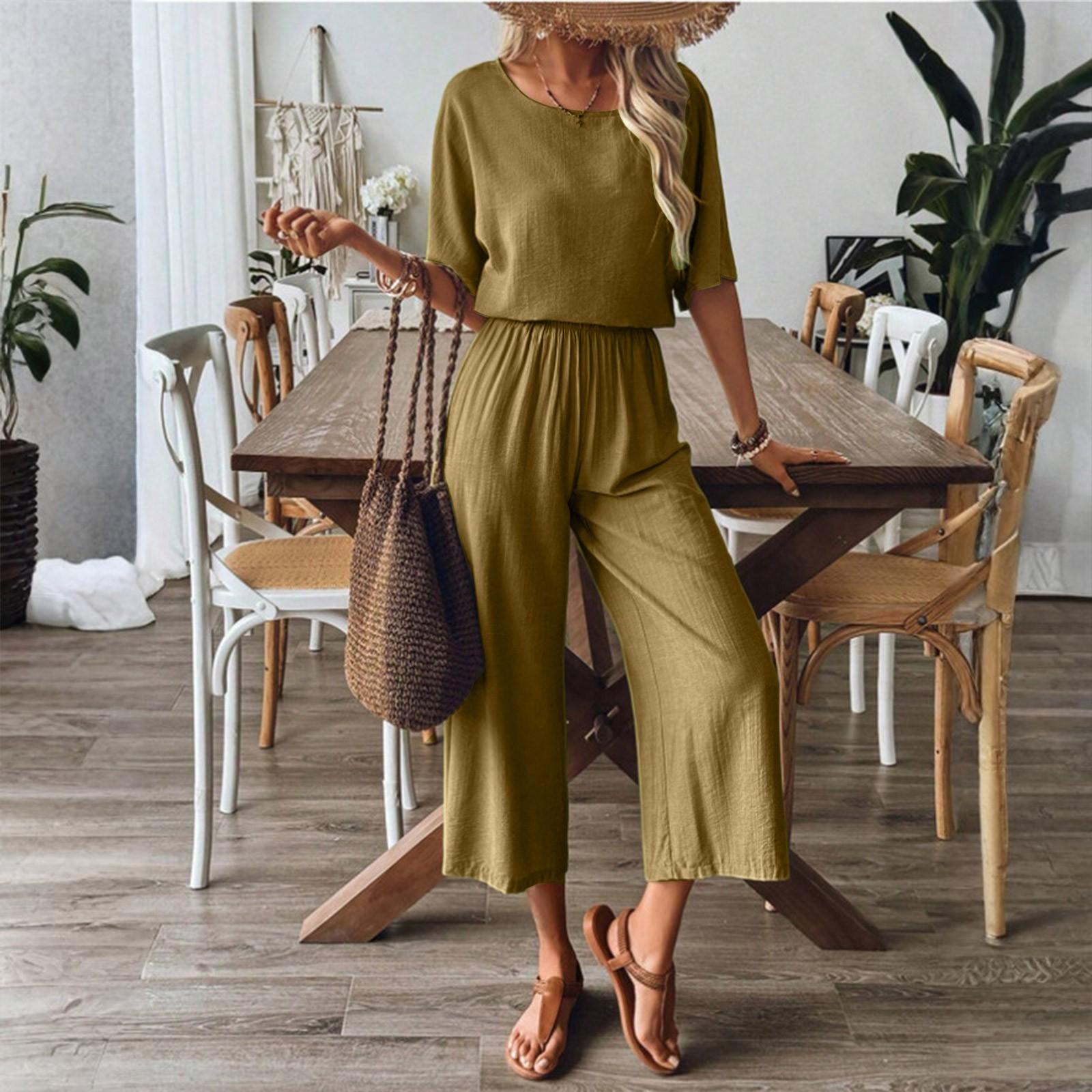 

Женский свободный повседневный весенний костюм-двойка с брюками-палаццо и футболкой с короткими рукавами M верблюд