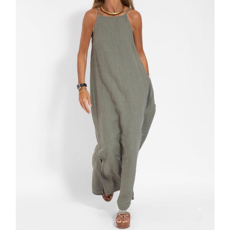 Fashionable and Casual Cotton and Linen Split Suspender Dress