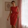 Women Sleeveless Bodycon Dress Ruched Bow Tie Side Slit Midi Dress Lady Formal Cocktail Party Work Dress