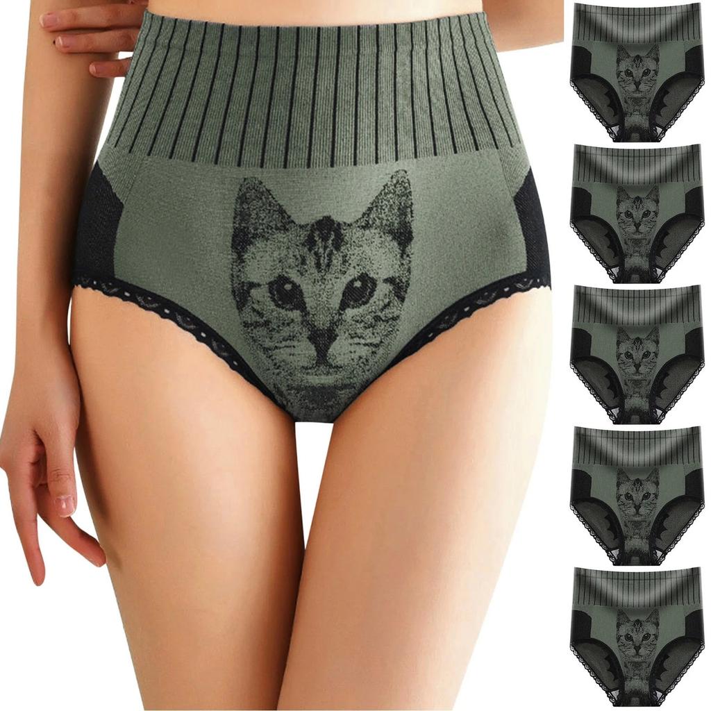 5 Pack Green Women's Tummy Control Cat Print Underwears