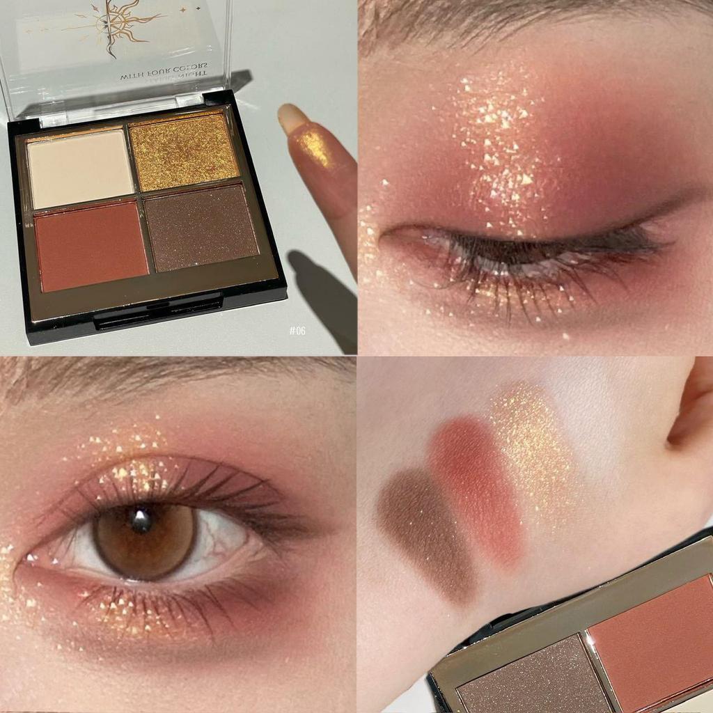 Palette Ombretti Tonalità Terra Herorange: Mix a quattro colori con finiture opaca, shimmer e glitter intensi nelle tonalità del rosa e del marrone.