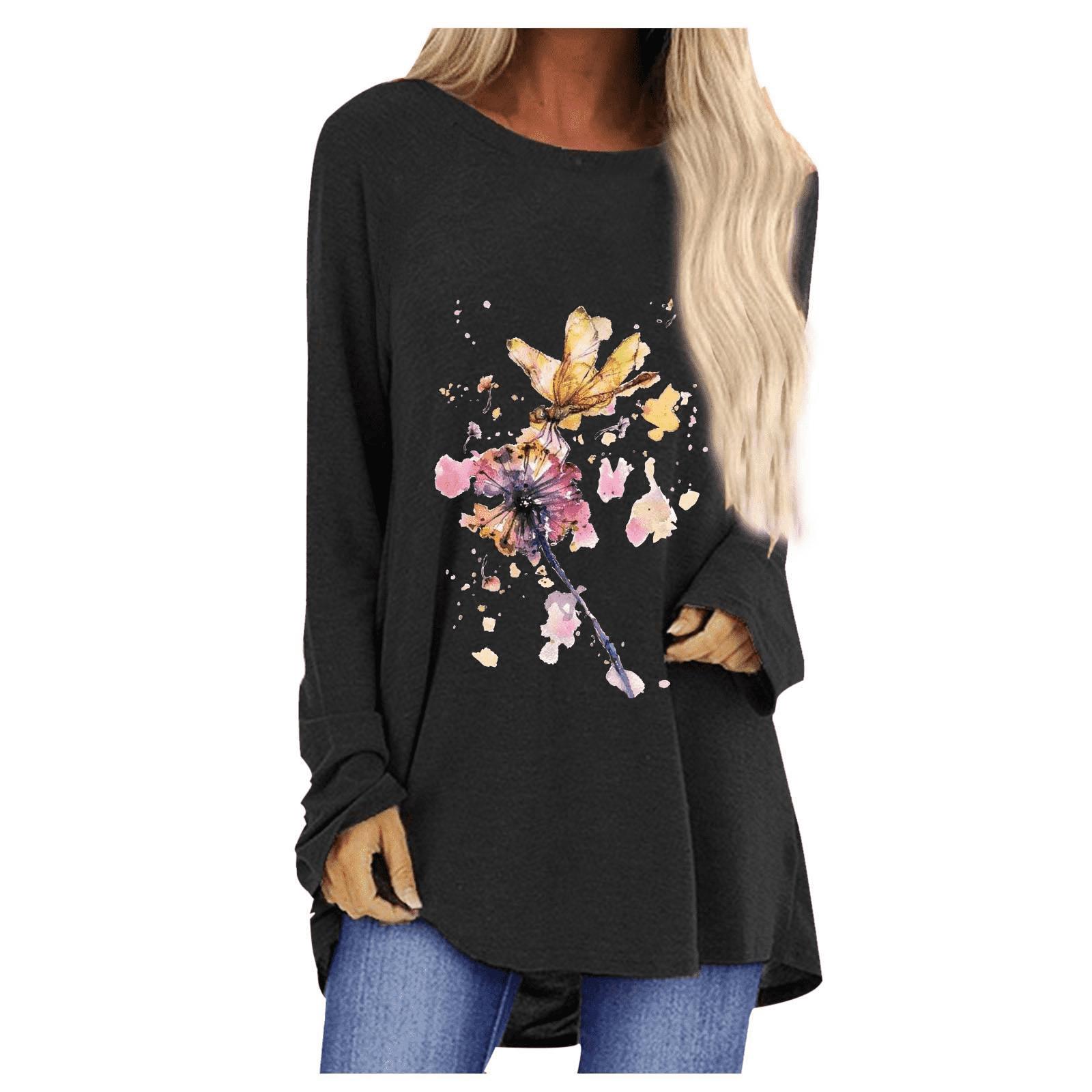 

Женская осенняя футболка с принтом стрекозы больших размеров, удобная футболка с длинными рукавами и круглым вырезом, повседневная мешковатая футболка средней длины, топ