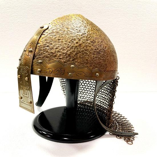Medieval Norman Viking Brown Amour Iron and Brass Gjermundbu Chainmail Wearable Helmet with Wooden Stand