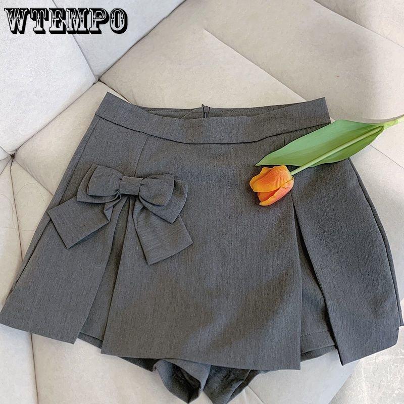 Bow Design Sense Niche Solid Pleated Suit Skirt Ladies Summer Chic Versatile High Waist A Line Half Mini Skirt
