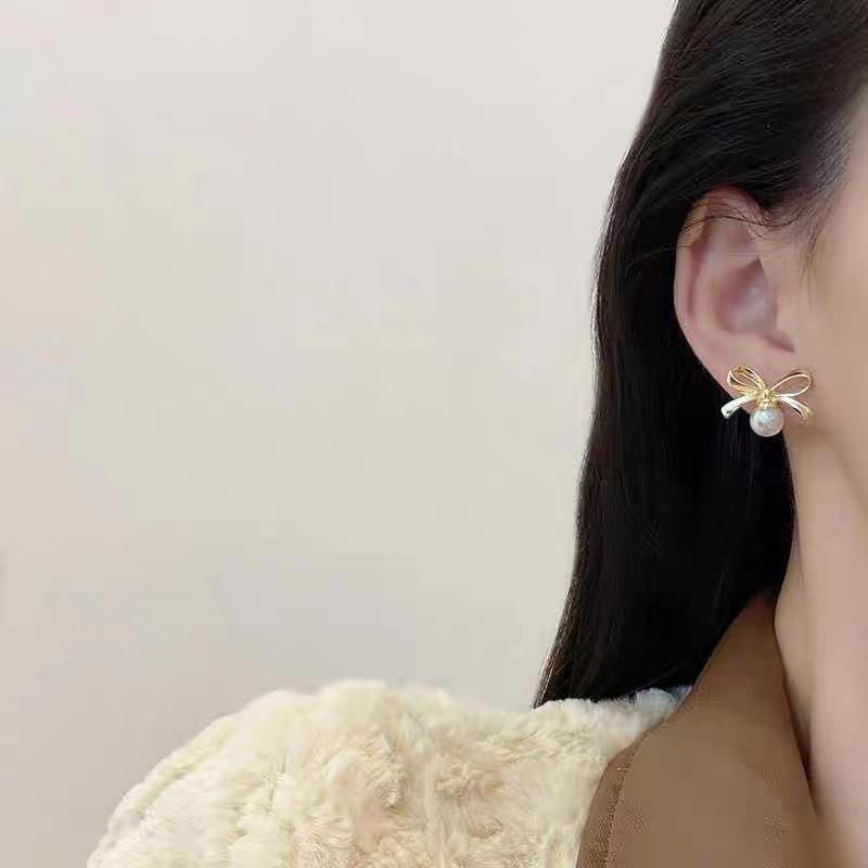 925 Silver Bow Pearl Stud Earrings - Trendy Internet Celebrity Style