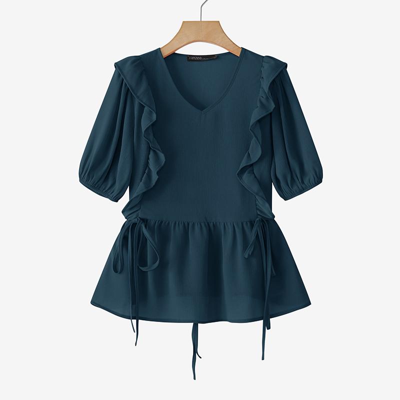 

ZANZEA Женская летняя блузка с V-образным вырезом, короткими рукавами и оборками темно-синий