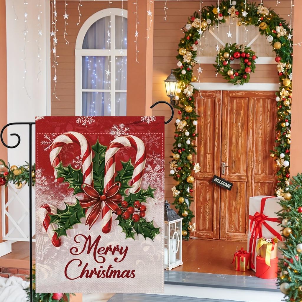 1pc Red Marry Christmas Garden Flag Delicious Candy 3D Print New Year Christmas Yard Outside Decoration No Flag Pole 12X18 Inch