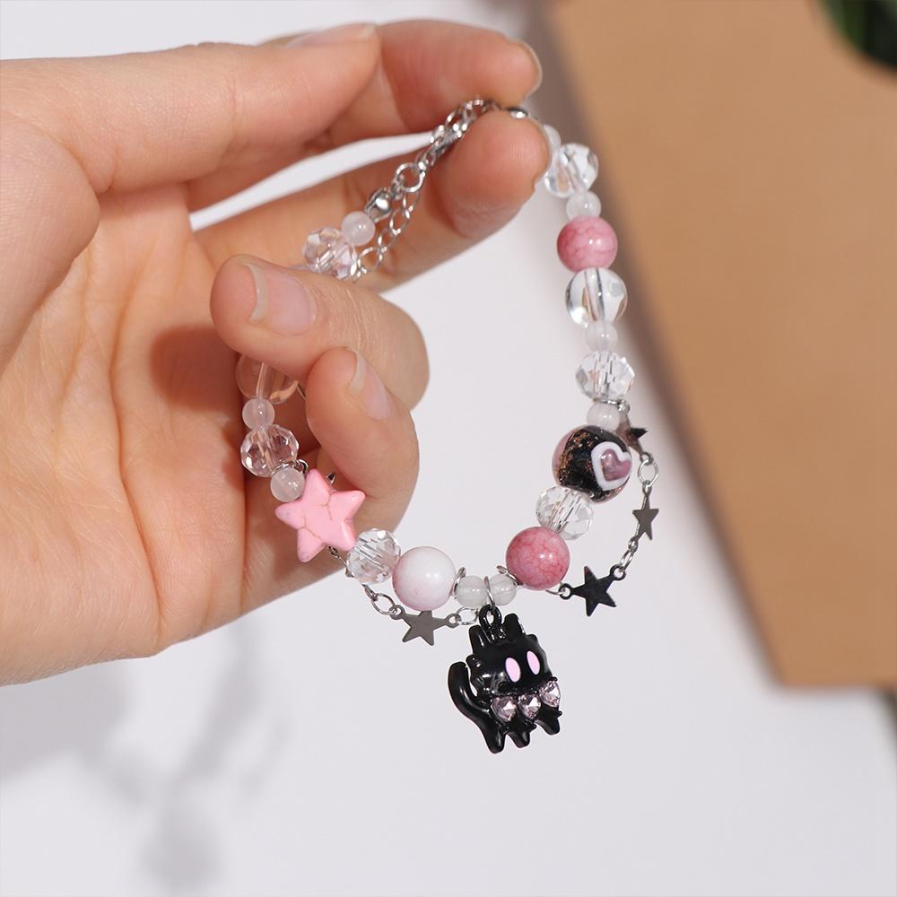 Y2K Black Cat Heart Bracelet Bow 2 Layer Hand Chain Aesthetic Pentagram Star Bangle  Girl