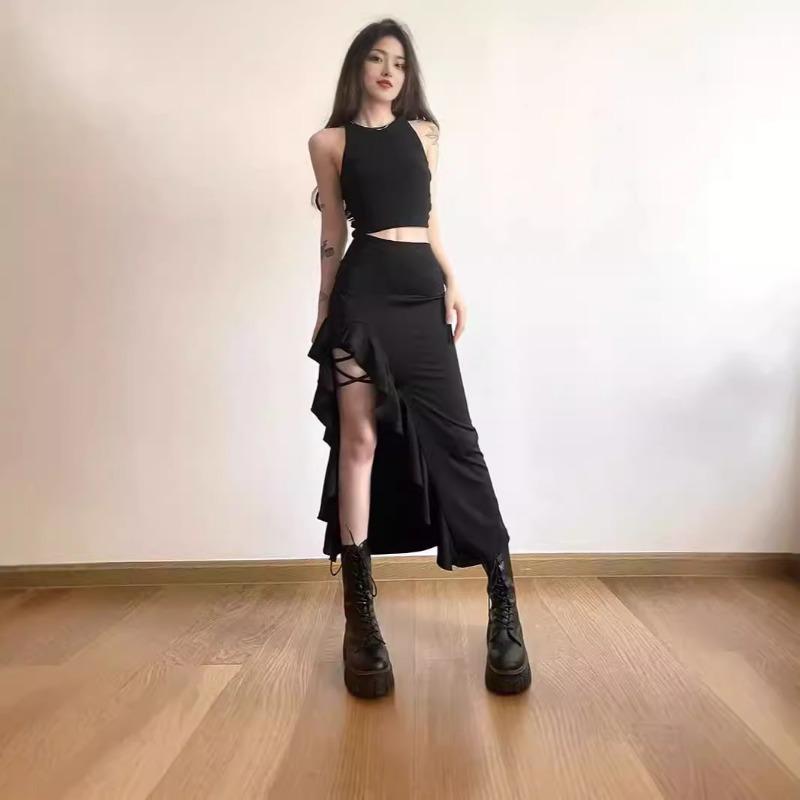Spring Summer Autumn New Fashion French Sexy Irregular Strap Slit High Waist Hip Skirt for Women Skirts