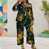 Women Plus Size Two Piece Pants Set Round Neck Long Sleeve Printed Dark Blue Layered Top Wide Leg Pants