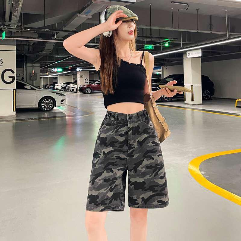 Summer Camouflage Denim Shorts - Hot Girl Style, Elastic Waist, Five-Point Design for Women